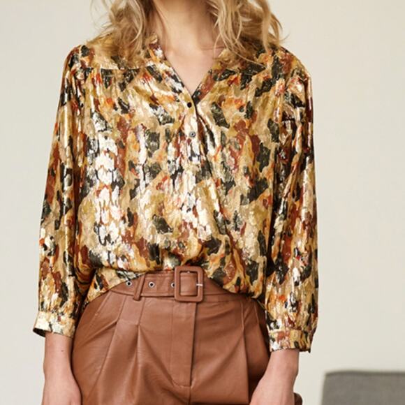 BA&SH Gaby Metallic Blouse Silk Ochre Gold Abstract Print 3/4 Sleeve Size XS - Picture 2 of 12